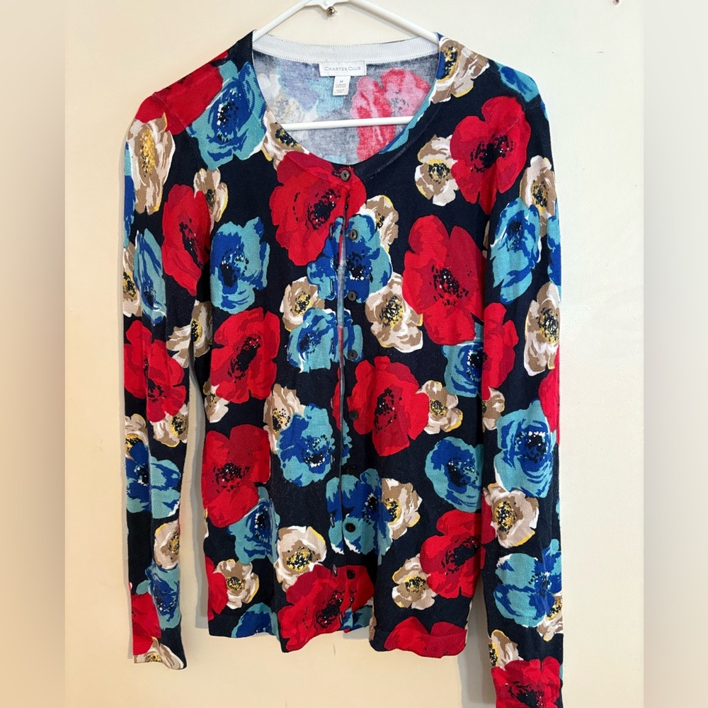 Charter Club Women’s Button Front Floral Cardigan-Sz Medium